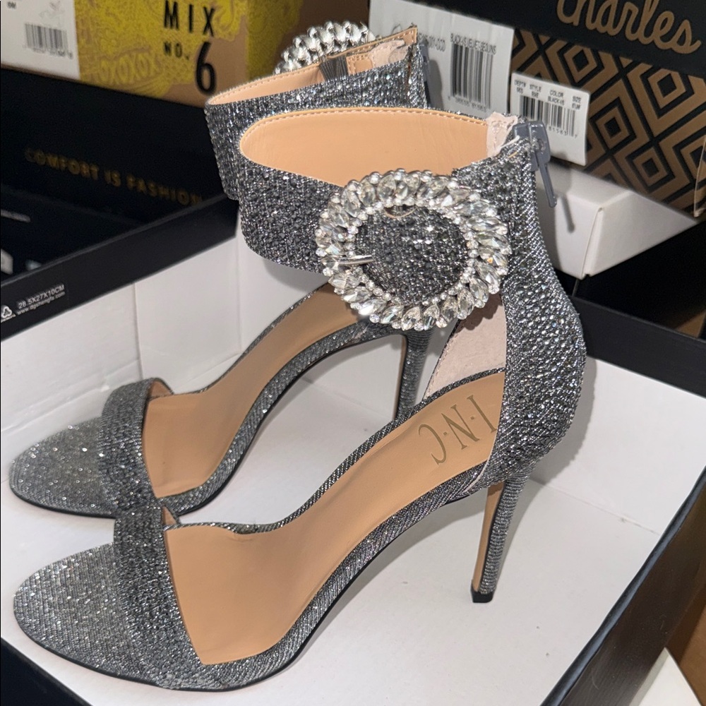 New INC International Concepts Silver Glitter Crystal Buckle Ankle-Strap Heels